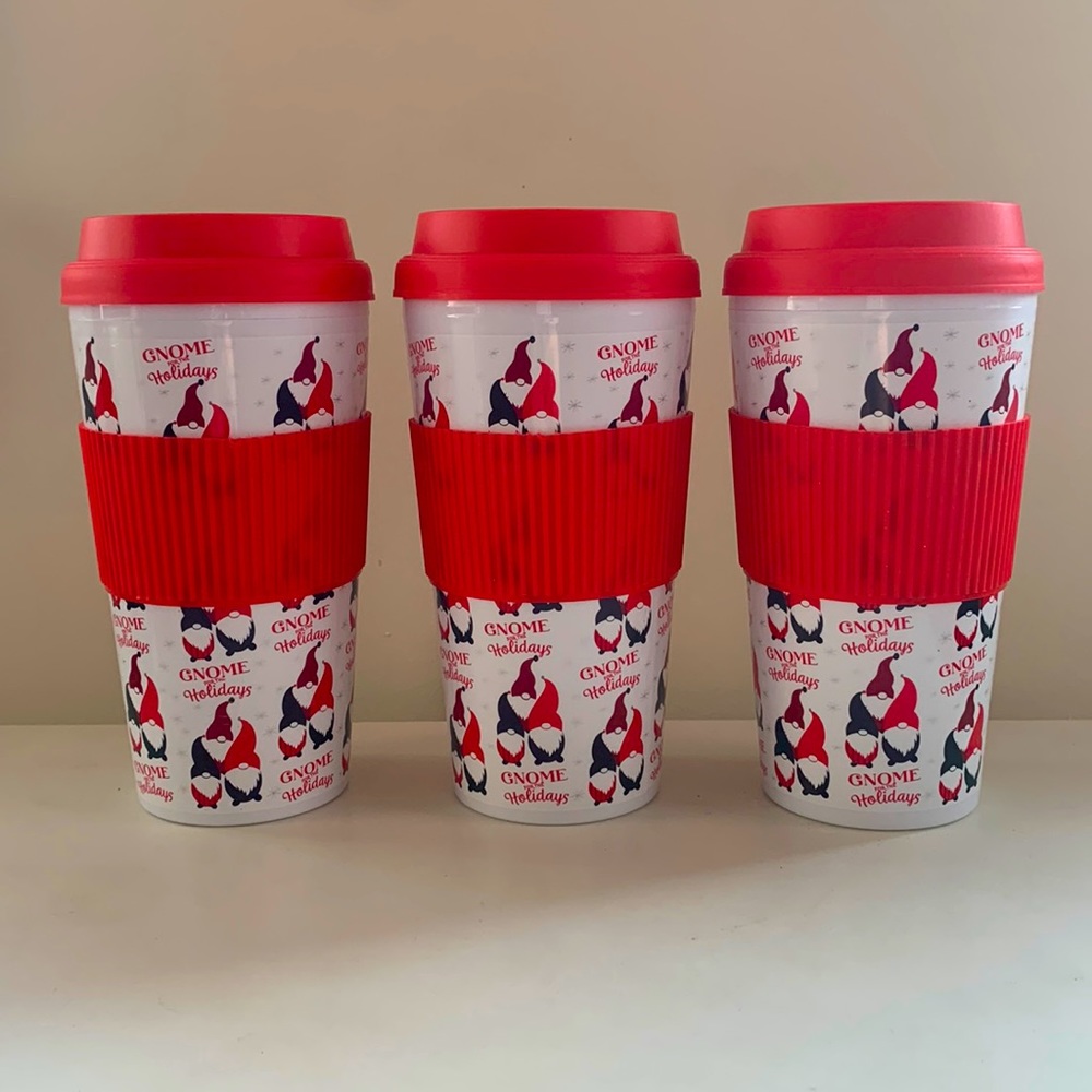 3 NEW “Gnome The Holidays” Tumblers Mugs Travel Cups Lids Christmas White Red